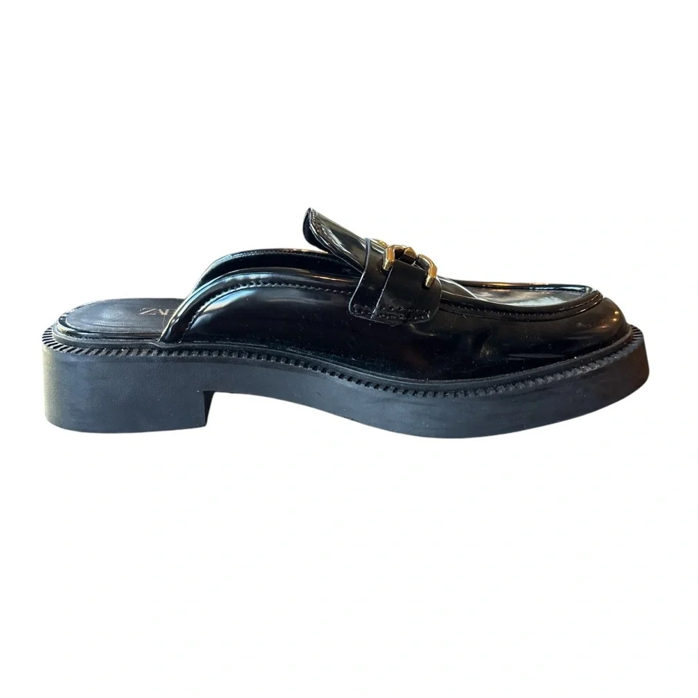 Zara Black Patent Mule Loafers Horsebit Hardware Size 6.5